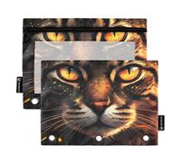 Estuche personalizado para lápices de 3 anillas, cara de gato, ojos brillantes, carpeta oscura con cremallera, bolsas para lápices, carpetas transparentes para escuela, bolsillos florales, 9.8 x 7.1