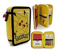 Estuche Pokémon Pikachu Doble Compartimento Completo - con Lápices de Colores, Rotuladores, Cuaderno, Regla, Goma y Sacapuntas - Amarillo - 19,5 x 13,5 x 4,5 cm