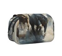 Estuche portátil con diseño de caballos corriendo salvajes en el río, ideal para organizar bolígrafos en la oficina o guardar brochas de maquillaje