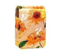 Estuche portátil con diseño de girasoles y flores amarillas para pintalabios, mini caja de almacenamiento para pintalabios de viaje, organizador con espejo para mujer, Varios colores, 9.5x2x7 cm/3.7x0.8x2.7 in