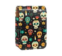 Estuche portátil con estampado del Día de los Muertos para viajes, mini caja de almacenamiento de lápiz labial con espejo para mujeres y mujeres, bolsa de cosméticos de cuero, Varios colores, 9.5x2x7 cm/3.7x0.8x2.7 in