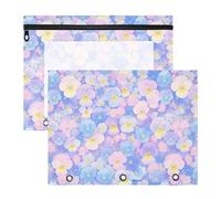 Estuche portátil de 3 anillos con bolsillo para carpeta de 3 anillos, paquete de 2 suministros universitarios para estudiantes, flores de pensamientos azul claro y rosa