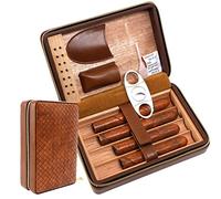Estuche portátil de cuero para viaje con textura de tejido marrón de 4 dedos, cortador de puros, humidificador de puros con humidificador, regalo para padrinos de boda, regalo de cumpleaños