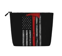 Estuche portátil para cosméticos con diseño de hacha de bombero y líneas rojas, cáñamo falso, bolsa de maquillaje grande, resistente al agua, bolsa de aseo de viaje