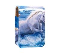 Estuche portátil para lápices de labios, mini caja de almacenamiento para lápices de labios, estuche organizador de lápices de labios con espejo para mujeres, caballos blancos, animales corriendo, Varios colores, 9.5x2x7 cm/3.7x0.8x2.7 in