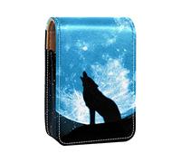 Estuche portátil para lápices labiales con diseño de lobo de luna llena para viajes, mini caja de almacenamiento de lápiz labial con espejo para mujeres y mujeres, bolsa de cosméticos de cuero, Varios colores, 9.5x2x7 cm/3.7x0.8x2.7 in