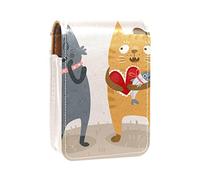 Estuche portátil para lápices labiales para viajes, mini caja de almacenamiento de lápiz labial con espejo para mujeres y mujeres, bolsa de cosméticos de cuero, feliz día de San Valentín, pareja amante de los gatos, Varios colores, 9.5x2x7 cm/3.7x0.8x2.7 in