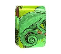 Estuche portátil para lápiz labial, mini caja de almacenamiento de lápiz labial, organizador de lápiz labial con espejo para mujer, camaleón en marco de hojas tropicales, Varios colores, 9.5x2x7 cm/3.7x0.8x2.7 in