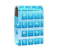 Estuche portátil para lápiz labial, mini caja de almacenamiento de lápiz labial, organizador de lápiz labial con espejo para mujer, letras japonesas Hiragana, alfabeto azul, Varios colores, 9.5x2x7 cm/3.7x0.8x2.7 in