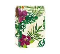 Estuche portátil para lápiz labial, mini caja de almacenamiento de lápiz labial, organizador de lápiz labial con espejo para mujer, plantas tropicales, flores rosadas, hojas, Varios colores, 9.5x2x7 cm/3.7x0.8x2.7 in
