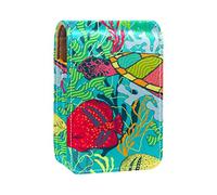 Estuche portátil para pintalabios para viajes, mini caja de almacenamiento de lápiz labial con espejo para mujeres y damas, bolsa de cosméticos de cuero, plantas de algas, tortugas marinas verdes, peces, Varios colores, 9.5x2x7 cm/3.7x0.8x2.7 in