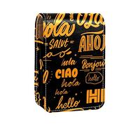 Estuche portátil para pintalabios para viajes, mini caja de almacenamiento de lápiz labial con espejo para mujeres y mujeres, bolsa de cosméticos de cuero Hello Different Languages, Varios colores, 9.5x2x7 cm/3.7x0.8x2.7 in