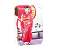 Estuche portátil para pintalabios para viajes, mini caja de almacenamiento de lápiz labial con espejo para mujeres y damas, bolsa de cosméticos de cuero antiguo japonés geisha, Varios colores, 9.5x2x7 cm/3.7x0.8x2.7 in