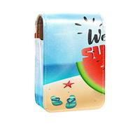Estuche portátil para pintalabios para viajes, mini caja de almacenamiento de lápiz labial con espejo para mujeres y mujeres, bolsa de cosméticos de cuero, Hello Summer Beach Sandía, Varios colores, 9.5x2x7 cm/3.7x0.8x2.7 in