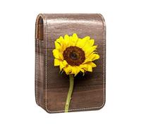 Estuche portátil para pintalabios para viajes, mini caja de almacenamiento de lápiz labial con espejo para mujeres y mujeres, bolsa de cosméticos de cuero, girasol brillante sobre fondo de madera, Varios colores, 9.5x2x7 cm/3.7x0.8x2.7 in