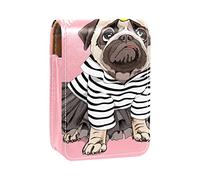 Estuche portátil para pintalabios para viajes, mini caja de almacenamiento de lápiz labial con espejo para mujeres y damas, bolsa de cosméticos de cuero, lindo perro carlino niña princesa corona rosa, Varios colores, 9.5x2x7 cm/3.7x0.8x2.7 in