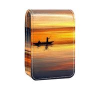Estuche portátil para pintalabios para viajes, mini caja de almacenamiento de lápiz labial con espejo para mujeres y mujeres, bolsa de cosméticos de cuero, barco solitario atardecer mar, Varios colores, 9.5x2x7 cm/3.7x0.8x2.7 in