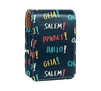 Estuche portátil para pintalabios para viajes, mini caja de almacenamiento de lápiz labial con espejo para mujeres y mujeres, bolsa de cosméticos de cuero Hello Different Language, Varios colores, 9.5x2x7 cm/3.7x0.8x2.7 in