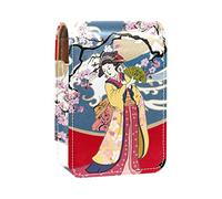 Estuche portátil para pintalabios para viajes, mini caja de almacenamiento de lápiz labial con espejo para mujeres y mujeres, bolsa de cosméticos de cuero tradicional japonés Geisha bailando, Varios colores, 9.5x2x7 cm/3.7x0.8x2.7 in