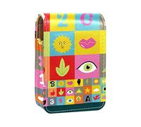 Estuche portátil para pintalabios para viajes, mini caja de almacenamiento de lápiz labial con espejo para mujeres y mujeres, bolsa de cosméticos de cuero, patrón de iconos dibujados a mano, Varios colores, 9.5x2x7 cm/3.7x0.8x2.7 in