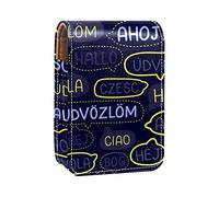 Estuche portátil para pintalabios para viajes, mini caja de almacenamiento de lápiz labial con espejo para mujeres y mujeres, bolsa de cosméticos de cuero Hello Different Language, Varios colores, 9.5x2x7 cm/3.7x0.8x2.7 in