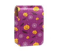 Estuche portátil para pintalabios para viajes, mini caja de almacenamiento de lápiz labial con espejo para mujeres y mujeres, bolsa de cosméticos de cuero, patrón de telaraña y calabaza-01, Varios colores, 9.5x2x7 cm/3.7x0.8x2.7 in