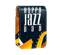 Estuche portátil para pintalabios para viajes, mini caja de almacenamiento de lápiz labial con espejo para mujeres y mujeres, bolsa de cosméticos de cuero, feliz día del jazz, saxofón, piano, violín, música, Varios colores, 9.5x2x7 cm/3.7x0.8x2.7 in