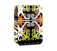 Estuche portátil para pintalabios vintage con patrón geométrico amarillo, blanco y negro para viajes, mini caja de almacenamiento de lápiz labial con espejo para mujeres y mujeres, bolsa de cosméticos de cuero, Varios colores, 9.5x2x7 cm/3.7x0.8x2.7 in