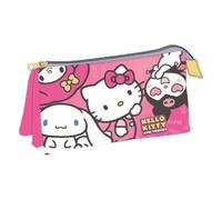Estuche Portatodo Hello Kitty and Friends Niña - 3 Compartimentos con Cremallera, Color Rosa, 100% Poliéster Resistente, Organizador Escolar para Lápices y Material, Licencia Oficial