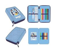 Estuche Portatodos Bluey Infantil con Accesorios - Plumier Escolar Niño y Niña 2 Compartimentos con Cremallera, Incluye Lápices de Colores y Bolígrafo, Poliéster Azul, Talla Única, Licencia Oficial