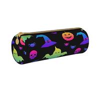 Estuche redondo de cuero con estampado de arañas y sombrero de bruja fantasma de Halloween, arcoíris, estuche organizador para oficina Col, color, 5.0cm*10.5cm*20.5cm, Estuche para lápices