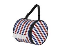 Estuche redondo para pañuelos con estampado de rayas rojas, azules, blancas y grises con correa para el hombro, organizador portátil para viajes en el baño