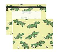 Estuche resistente para lápices para 3 anillos, 2 unidades, para estudiantes, oficina, dibujos animados, lindo cocodrilo verde