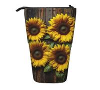 Estuche retráctil vertical con diseño de girasol sobre tablones de madera, caja organizadora de oficina para adultos