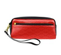 Estuche rojo con patrón de escamas vintage para lápices, bolsa de piel sintética con cremallera para niños y niñas, suministros escolares y de oficina