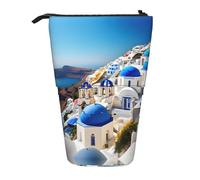 Estuche telescópico con estampado retro escocés para lápices, estuche de papelería, bolsa transformadora retráctil de pie, Vista al mar de la isla griega de Santorini, Talla única, Estilo europeo y