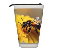Estuche telescópico de pie con estampado de abeja y flores, bolsa de papelería, bolsa de maquillaje, estuche de almacenamiento, Black, Talla única