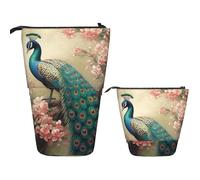 Estuche telescópico oriental de pavo real sobre árbol de flores, soporte para bolígrafos, bolsa para lápices, bonita bolsa de cosméticos de pie, bolsa de maquillaje de viaje, bolsa de aseo portátil