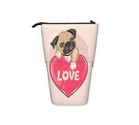 Estuche telescópico para lápices con diseño de carlino que sostiene un corazón de amor, bolsa de cosméticos