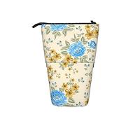 Estuche telescópico para lápices con diseño de flores amarillas, color azul y azul