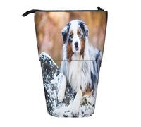 Estuche telescópico para lápices, diseño de pastor australiano, nieve, invierno, hermoso soporte para lápices con cremallera, bolsa de maquillaje, bolsa para lápices