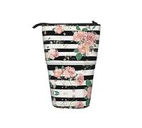 Estuche telescópico para lápices vintage de acuarela floral rosas blancas y negras con rayas blancas y negras