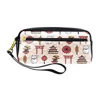 Estuche tradicional japonés con diseño de gato de la suerte con elementos de paraguas, bolsa de piel sintética con cremallera para niños y niñas, suministros escolares y de oficina