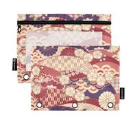 Estuche tradicional rojo japonés Ukiyo-e para lápices con ventana transparente, estuche grande con cremallera con ojales reforzados con cremallera, 3 anillos para aula, escuela, suministros de oficina