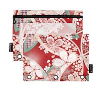 Estuche tradicional rojo japonés Ukiyo-e para lápices de flores para niños con ventana transparente con cremallera, gran capacidad, carpeta de tres anillos, organizadores de clase escolar y oficina