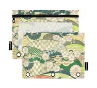 Estuche tradicional verde japonés Ukiyo-e Flower 3 anillos con ventana transparente, estuche para lápices de gran capacidad, 3 para suministros escolares de oficina, cosméticos, multicolor, 2 unidades