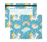 Estuche transparente para lápices con ventana para carpetas de 3 anillos, paquete de 2 unidades, para estudiantes, oficina, dibujos animados, unicornios azules