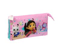 SAFTA GABBY'S Dollhouse Party - Portatodo Triple, Estuche Infantil, Estuche Niño, Ideal para Niños en Edad Escolar, Cómodo y Versátil, Calidad y Resistencia, 22x3x12 cm, Color Rosa Claro