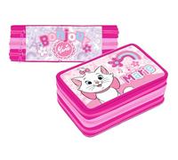 Estuche triple relleno para los Aristogatos Marie Fan Niños, 45 accesorios escolares, 3 cremalleras, compartimentos organizados, ceras, rotuladores, pegamento, tijeras