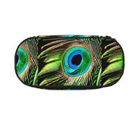 Estuche unisex con estampado de plumas de pavo real, diseño compacto para lápices, artículos pequeños, cremallera de doble cabeza, Black, Talla única, Neceser de maquillaje